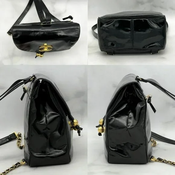 Authentic CHANEL Backpack Vintage Bag Patent Leather Black CC Turnlock Chain - Picture 9 of 10